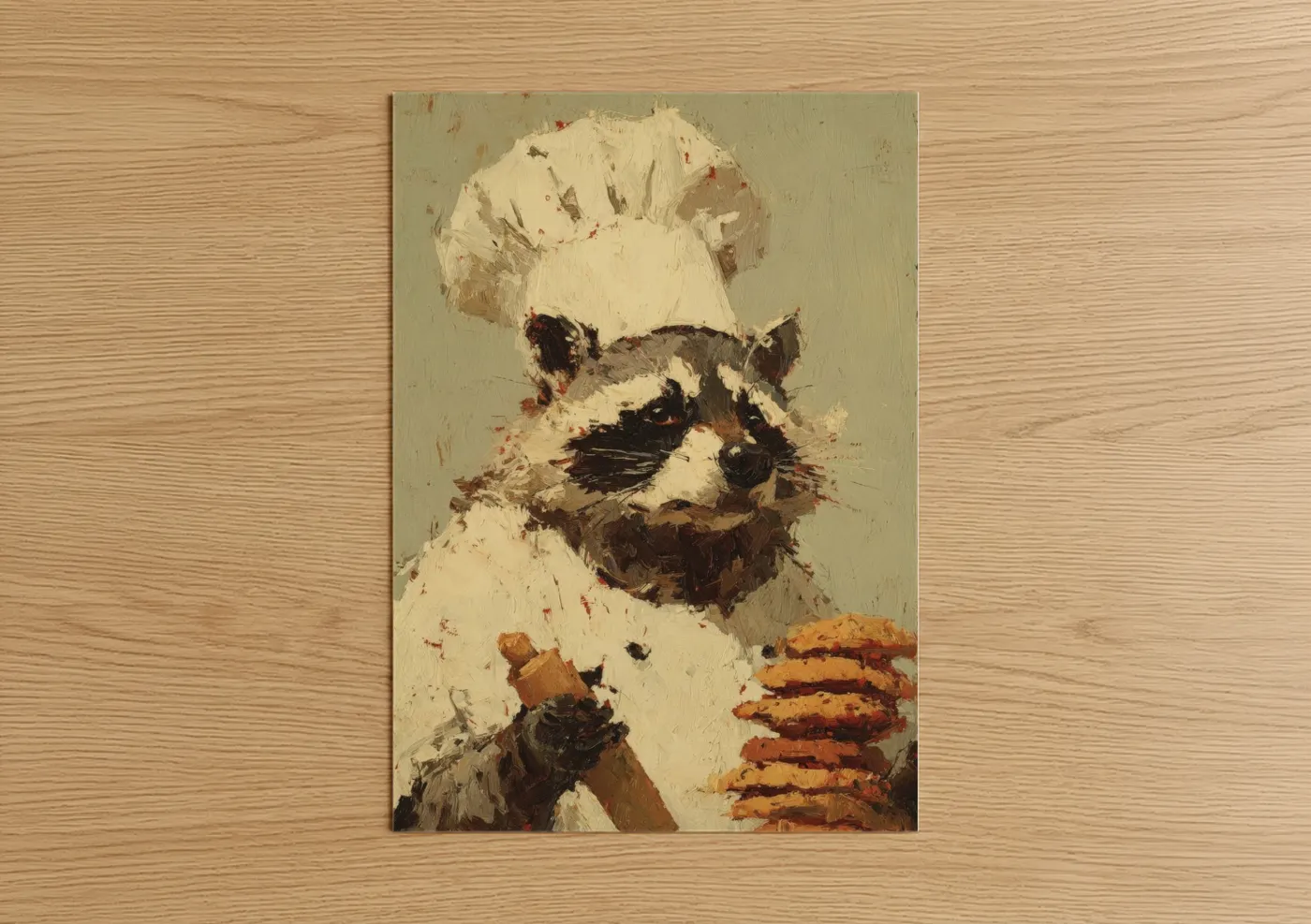 Art print on warm oak wood — cream and russet palette — Curious Raccoon poster