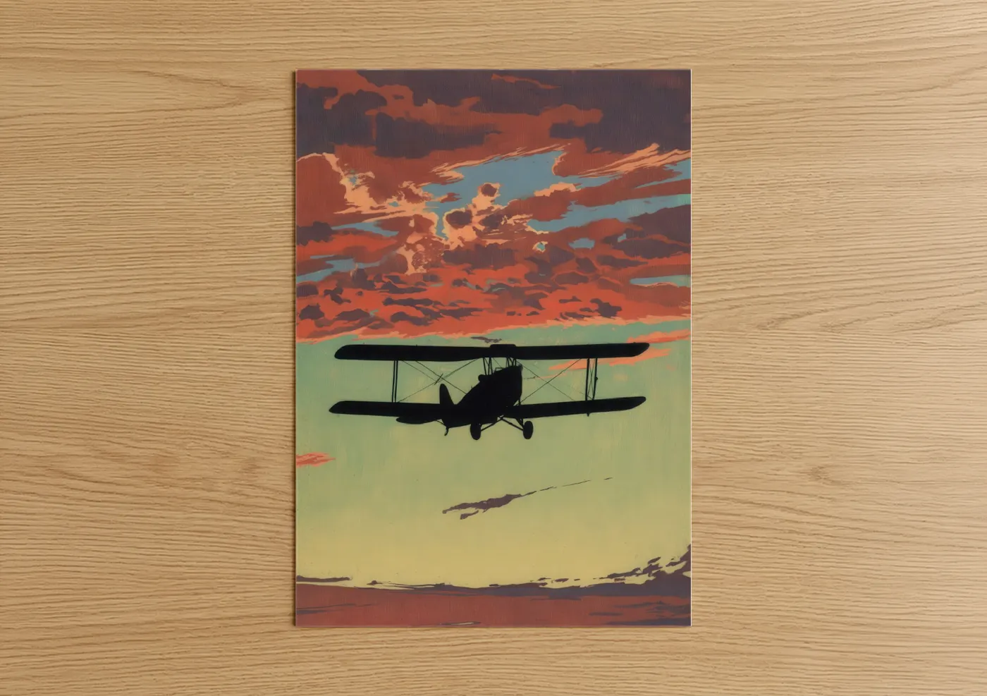 Vintage airplane art print on warm oak wood — orange and blue and gold palette — Golden Hour Biplane poster