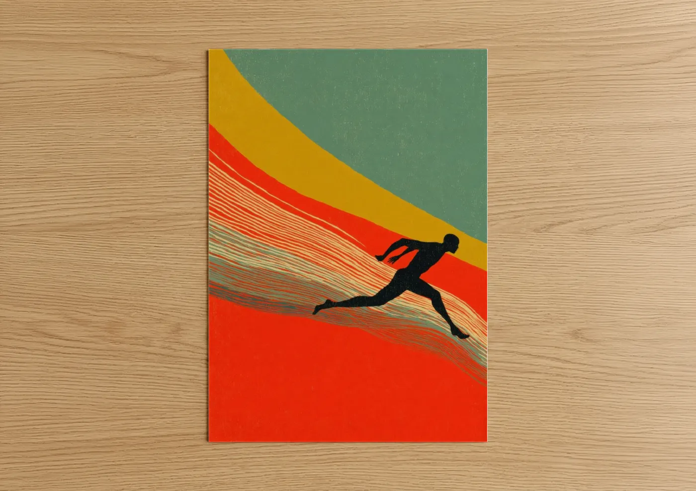 Track and field art print on warm oak wood — red and gold palette — Dynamic Runner poster