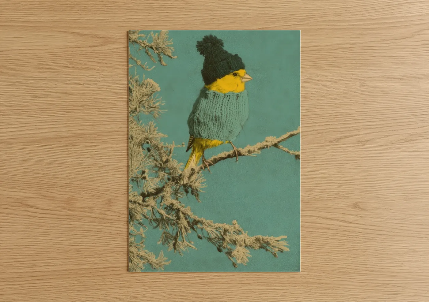 Canaries art print on warm oak wood — teal and yellow gold palette — Cozy Canary poster