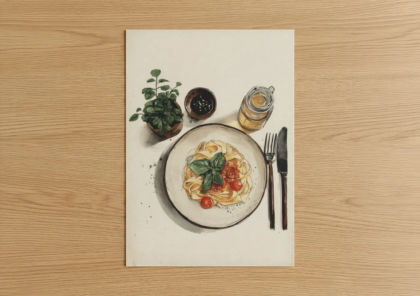 Art print on warm oak wood — cream and green palette — Basil Pasta Plate poster