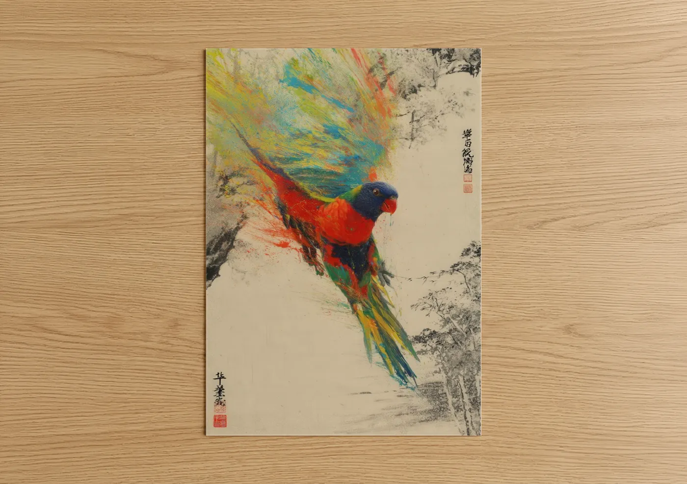 Rainbow lorikeet art print on warm oak wood — red and yellow gold palette — Crimson Lorikeet poster