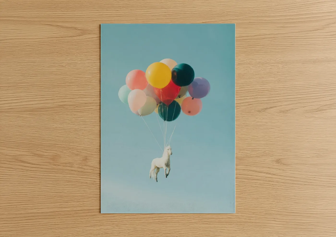 Miniature horse art print on warm oak wood — blue and white and gold palette — Floating Llama Dreams poster