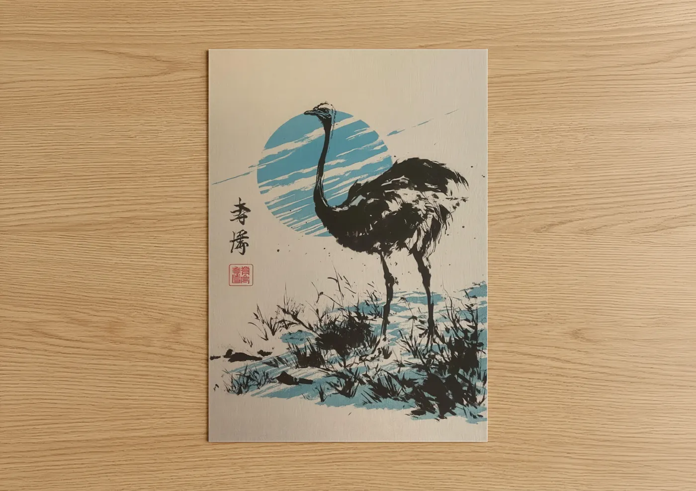 Art print on warm oak wood — blue and black and white palette — Serene Ostrich poster