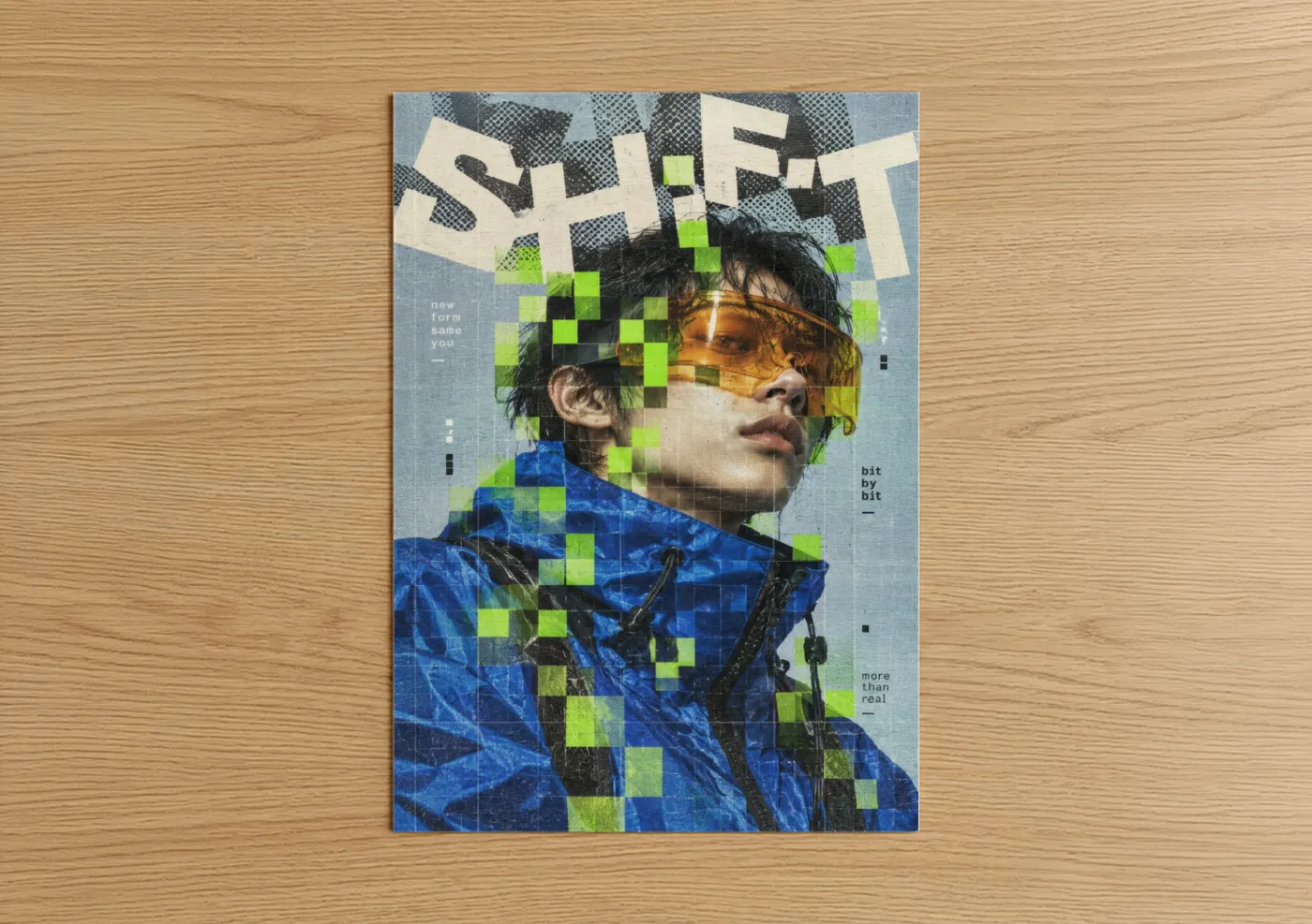 Fashion illustration art print on warm oak wood — blue and lime green palette — Digital Glitch Portrait Wall Art poster