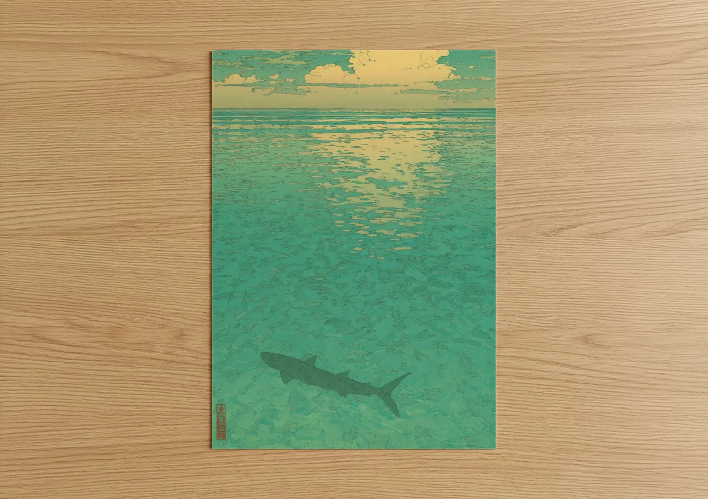 Art print on warm oak wood — teal and yellow gold palette — Shallow Water Snook poster
