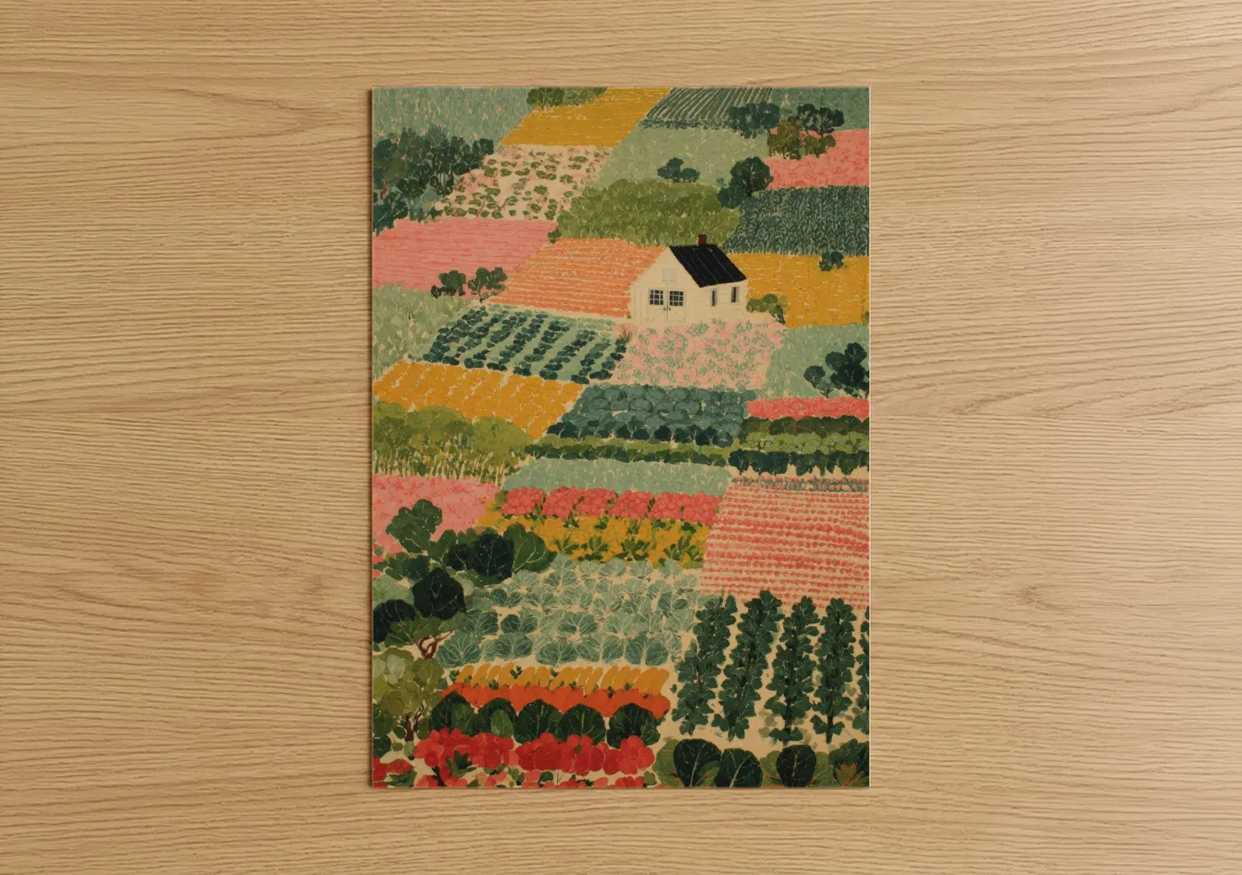 Art print on warm oak wood — sage green palette — Pastoral Farm Cottage poster