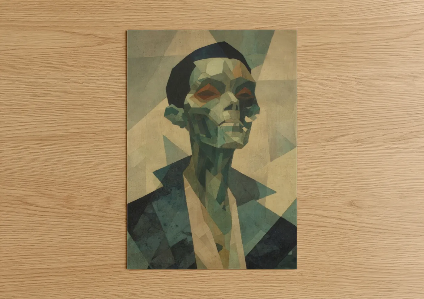 Art print on warm oak wood — black and sage green palette — Geometric Zombie poster