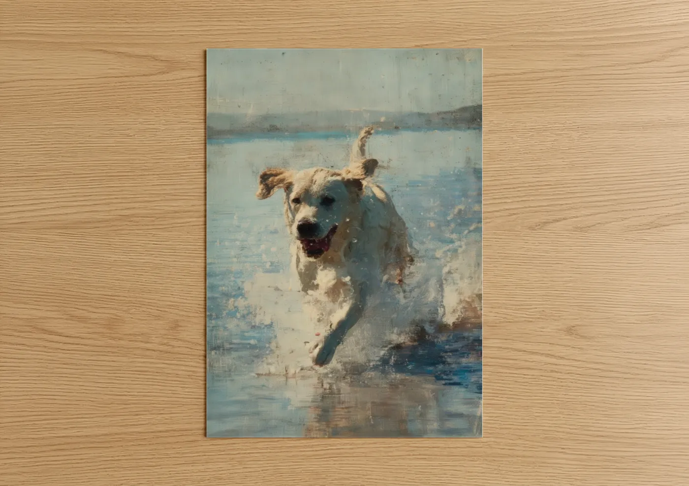 Art print on warm oak wood — blue and white and gold palette — Joyful Spitz Running poster