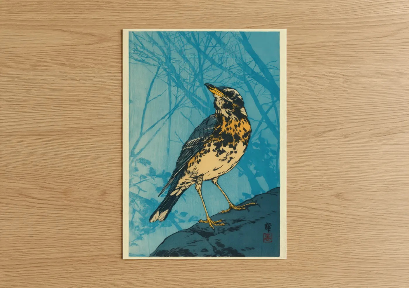 Art print on warm oak wood — blue and gold palette — Spotted Thrush poster