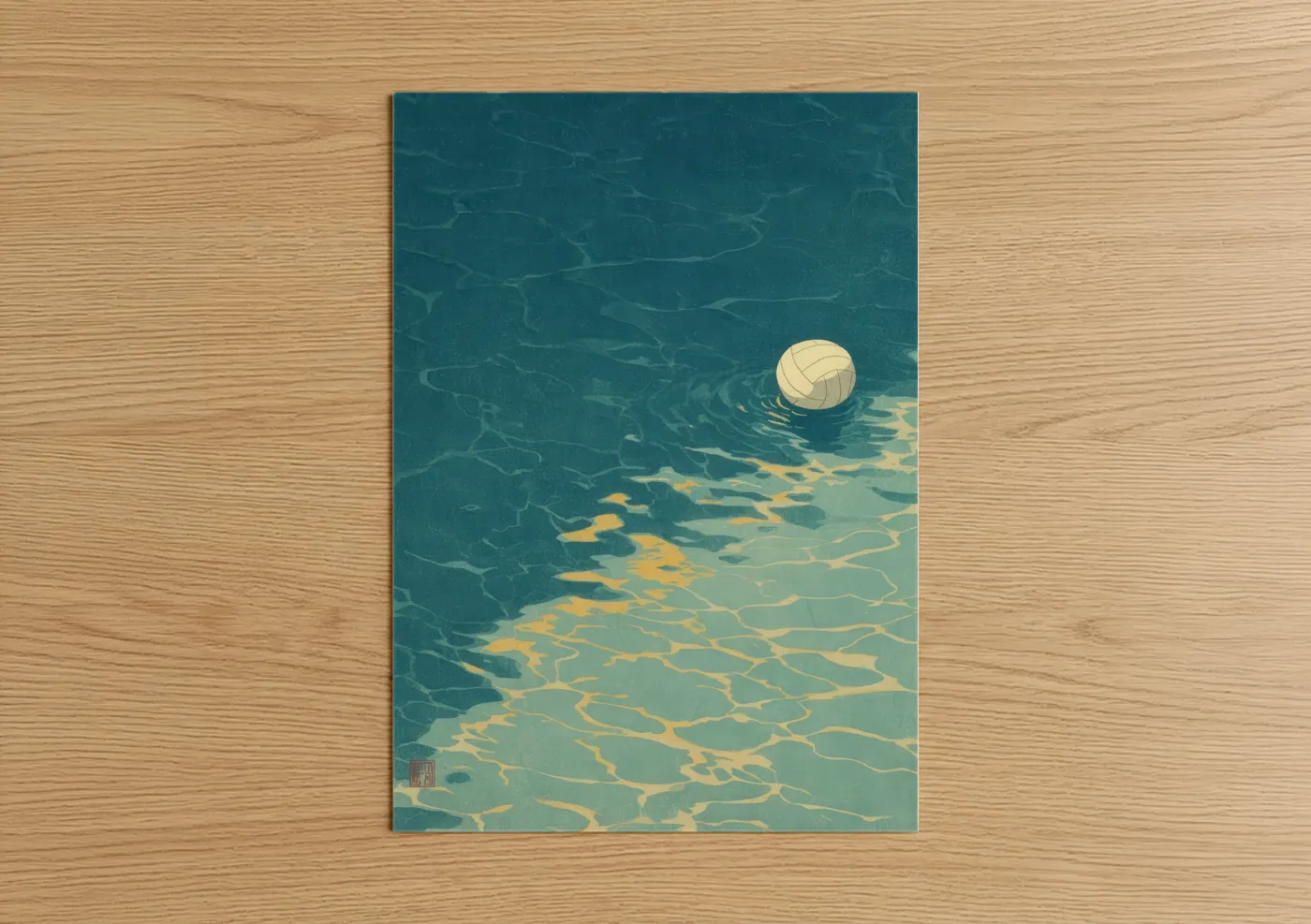 Water polo art print on warm oak wood — teal and gold palette — Poolside Volleyball poster