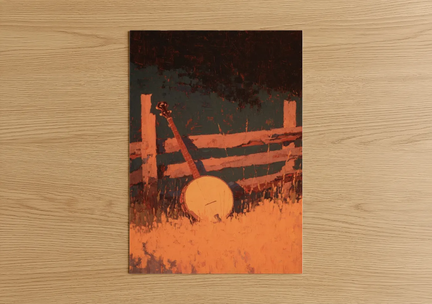 Art print on warm oak wood — orange and black and red palette — Sunset Banjo poster