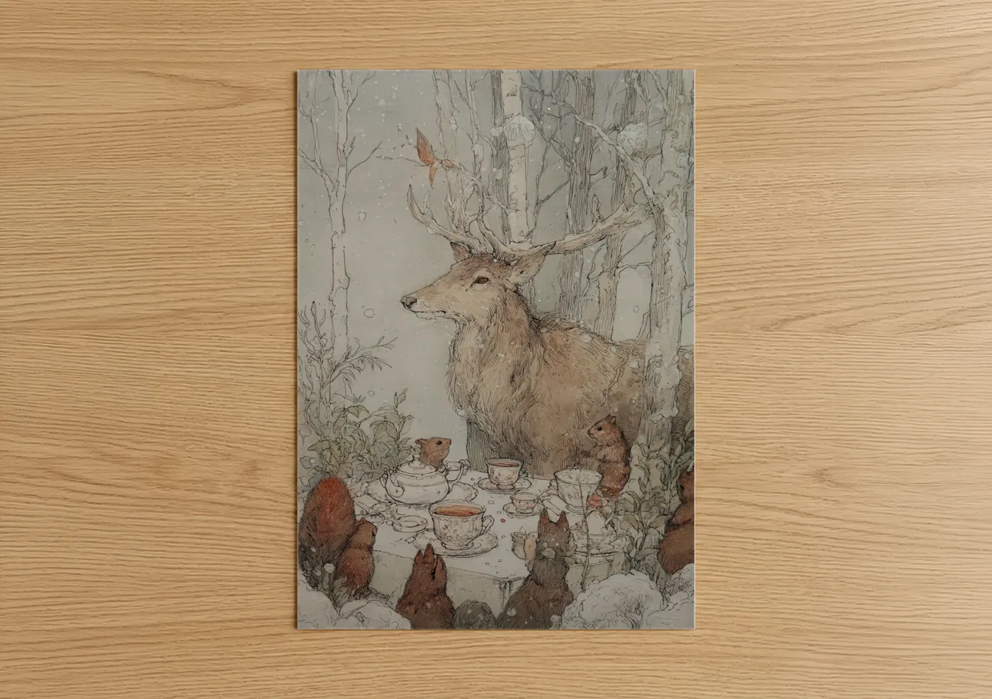 Art print on warm oak wood — cream and russet palette — Woodland Reindeer Tea Party poster