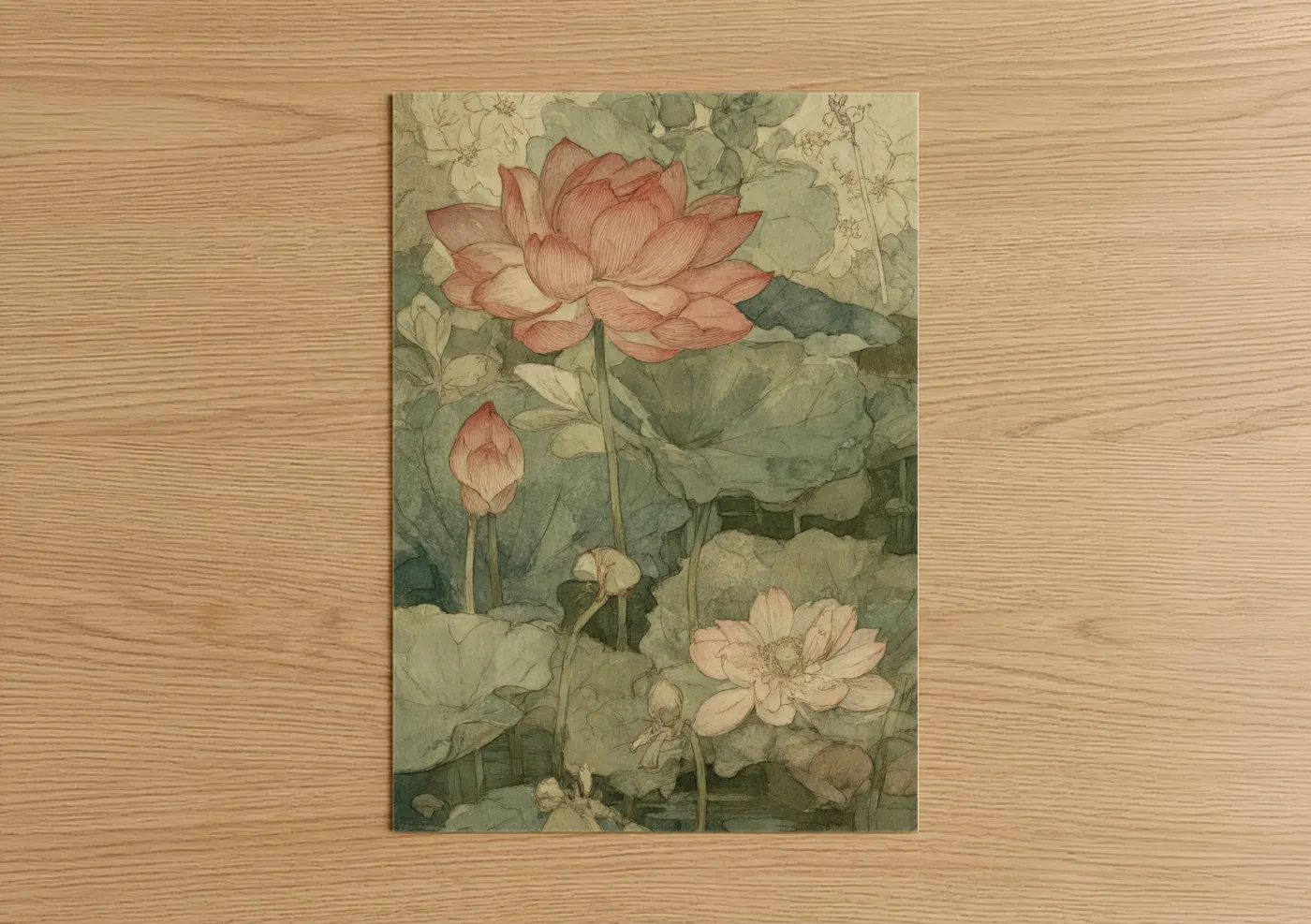 Coral Lotus Pond Botanical Watercolor Wall Art