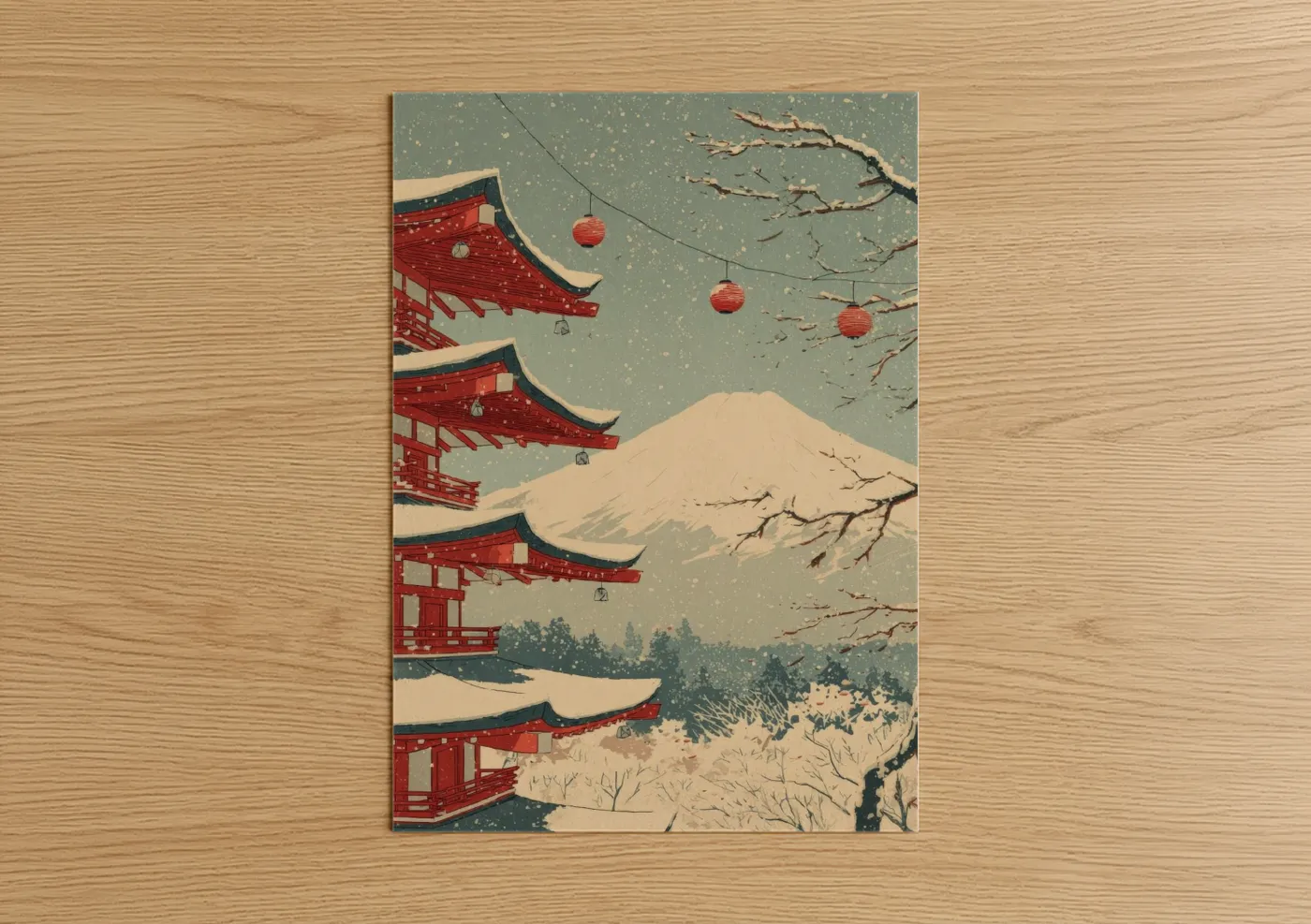 Snowy Mount Fuji Japanese Winter Temple Wall Art