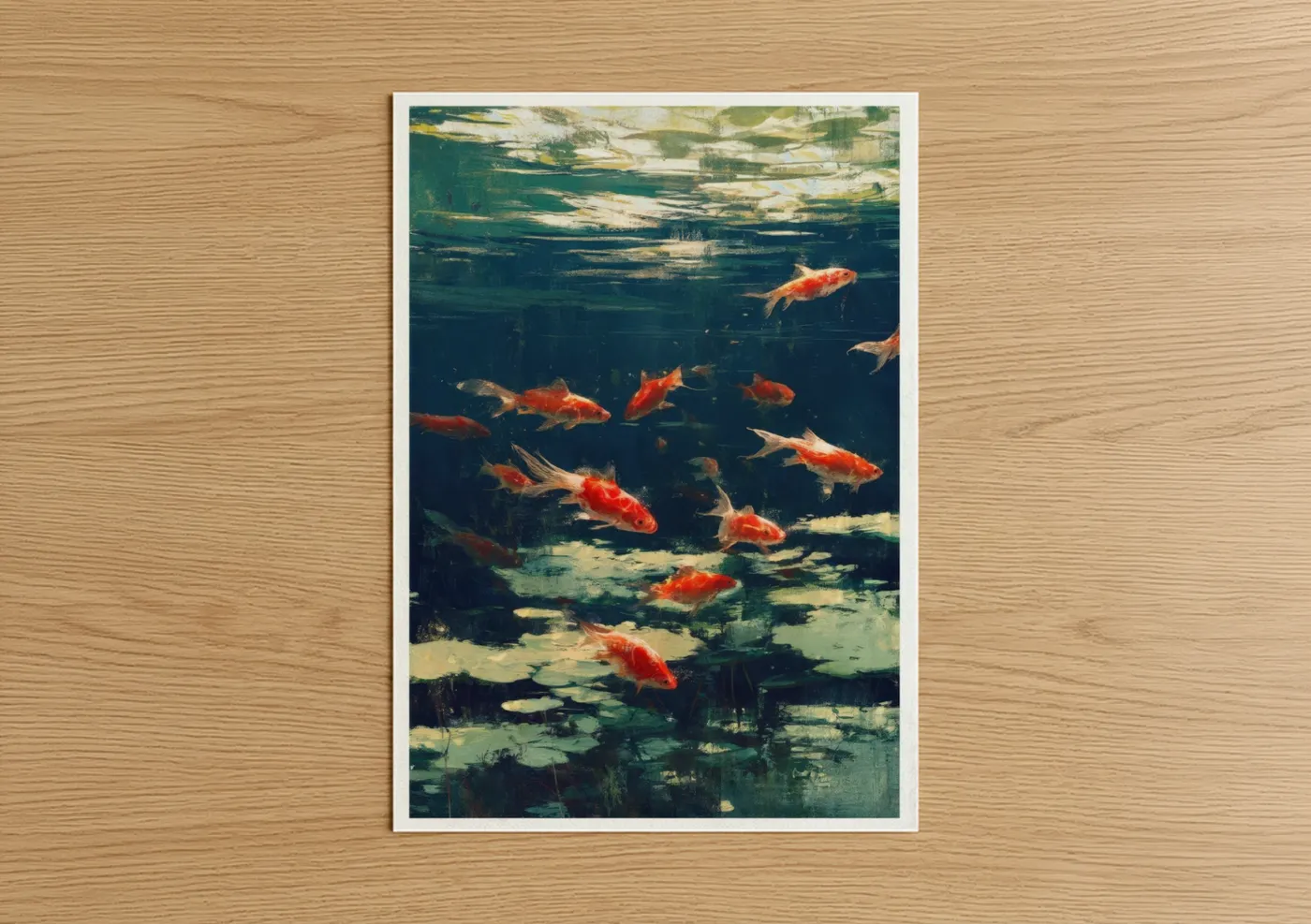 Art print on warm oak wood — teal and gold palette — Serene Goldfish School poster