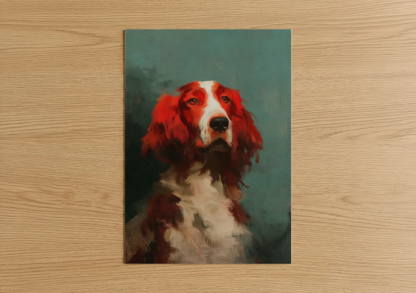 Art print on warm oak wood — red and teal palette — Ruby Spaniel poster