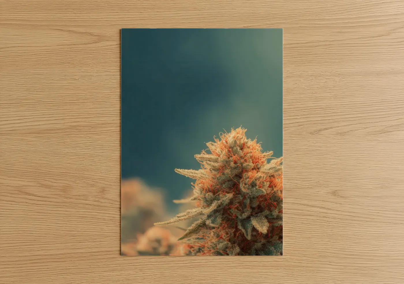 Marijuana art print on warm oak wood — teal and peach palette — Amber Flower Macro poster