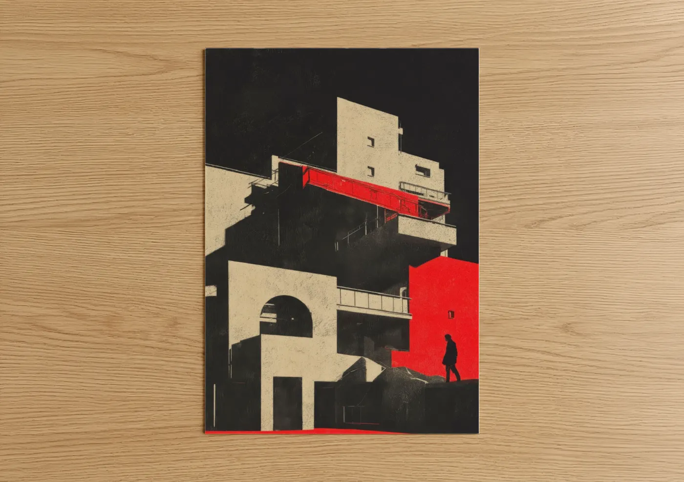 Abstract architecture art print on warm oak wood — red and black and white palette — Crimson Geometry poster
