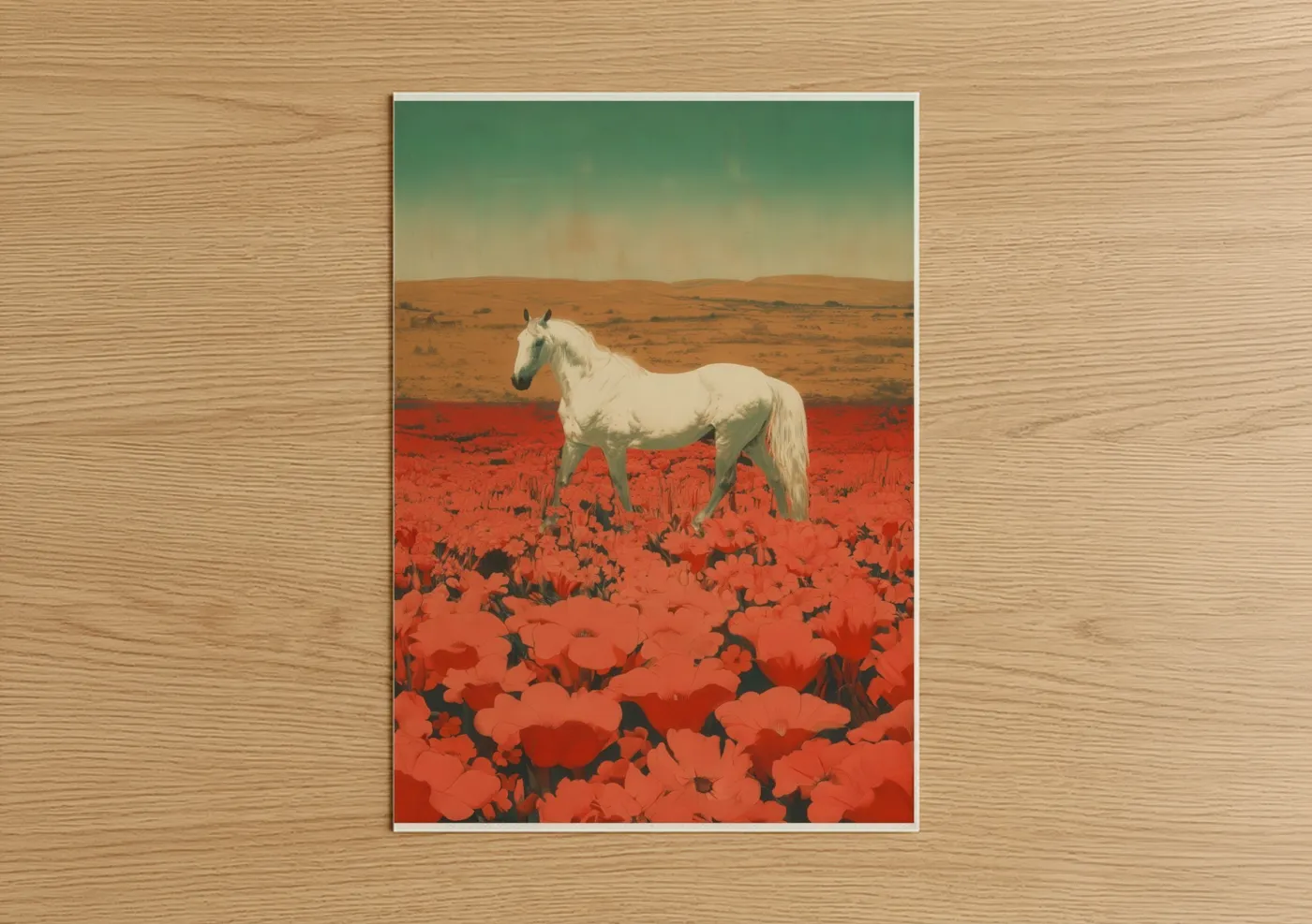 White Arabian Horse Red Poppy Field Wall Art