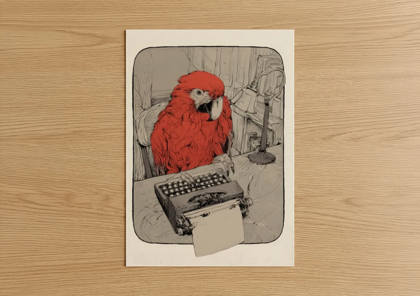 Art print on warm oak wood — red and cream palette — Typist Macaw poster