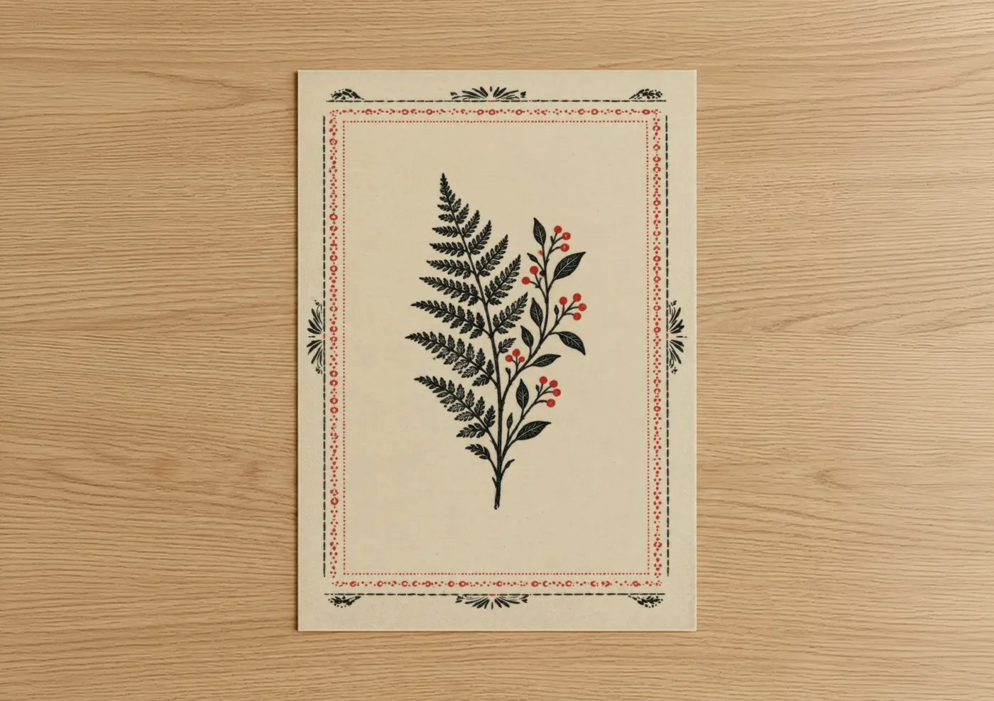 Leaf art print on warm oak wood — black and white and red palette — Botanical Fern and Berry Botanical Wall Art poster
