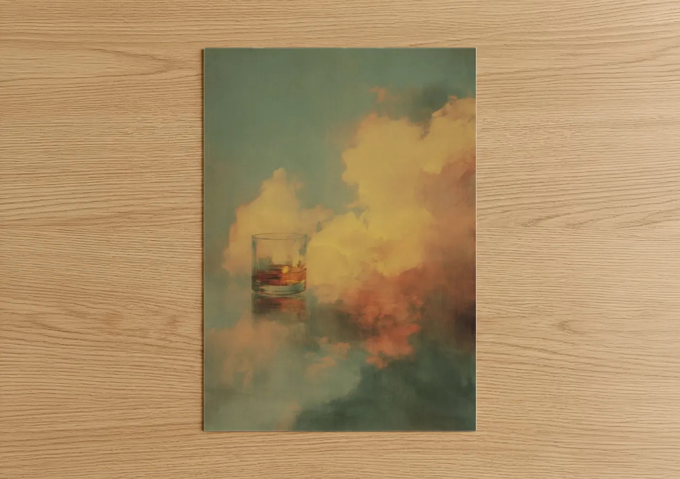 Art print on warm oak wood — gold and sage green palette — Cloudscape Whiskey poster
