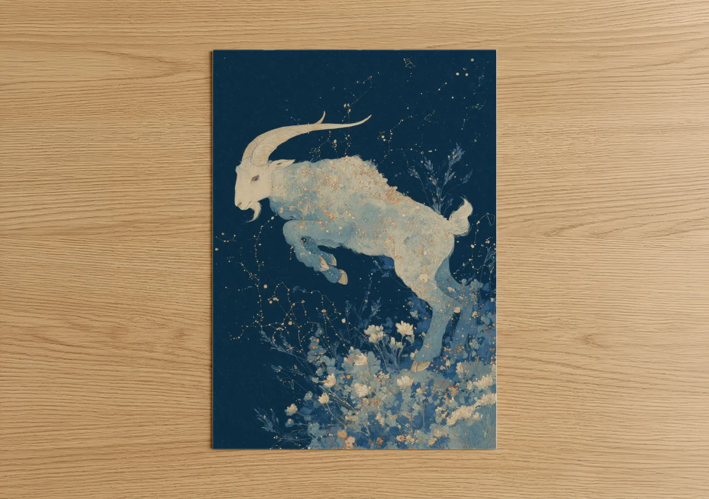 Art print on warm oak wood — dark blue and gold palette — Celestial Capricorn poster