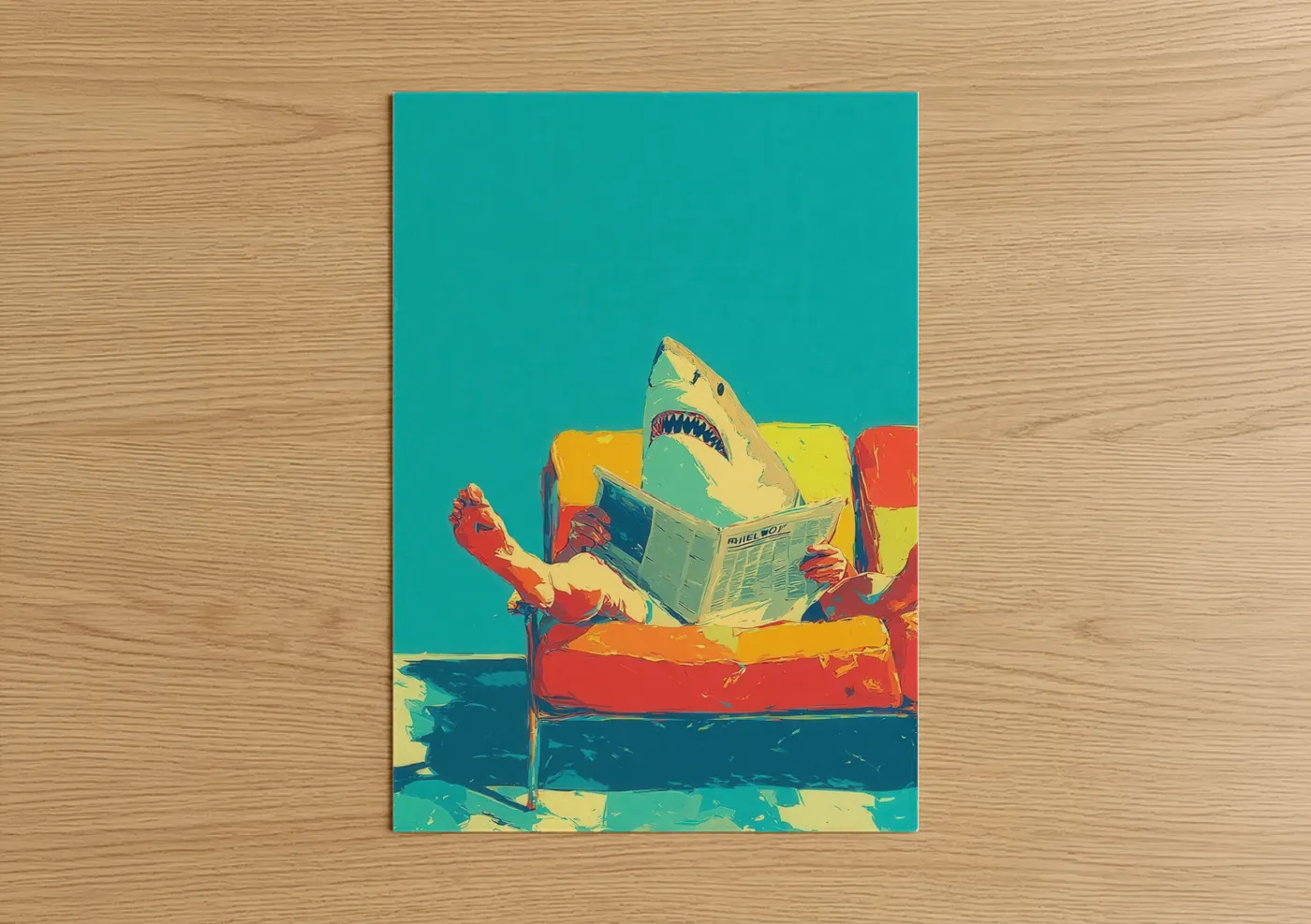 Great white shark art print on warm oak wood — turquoise and yellow gold palette — Reading Shark poster