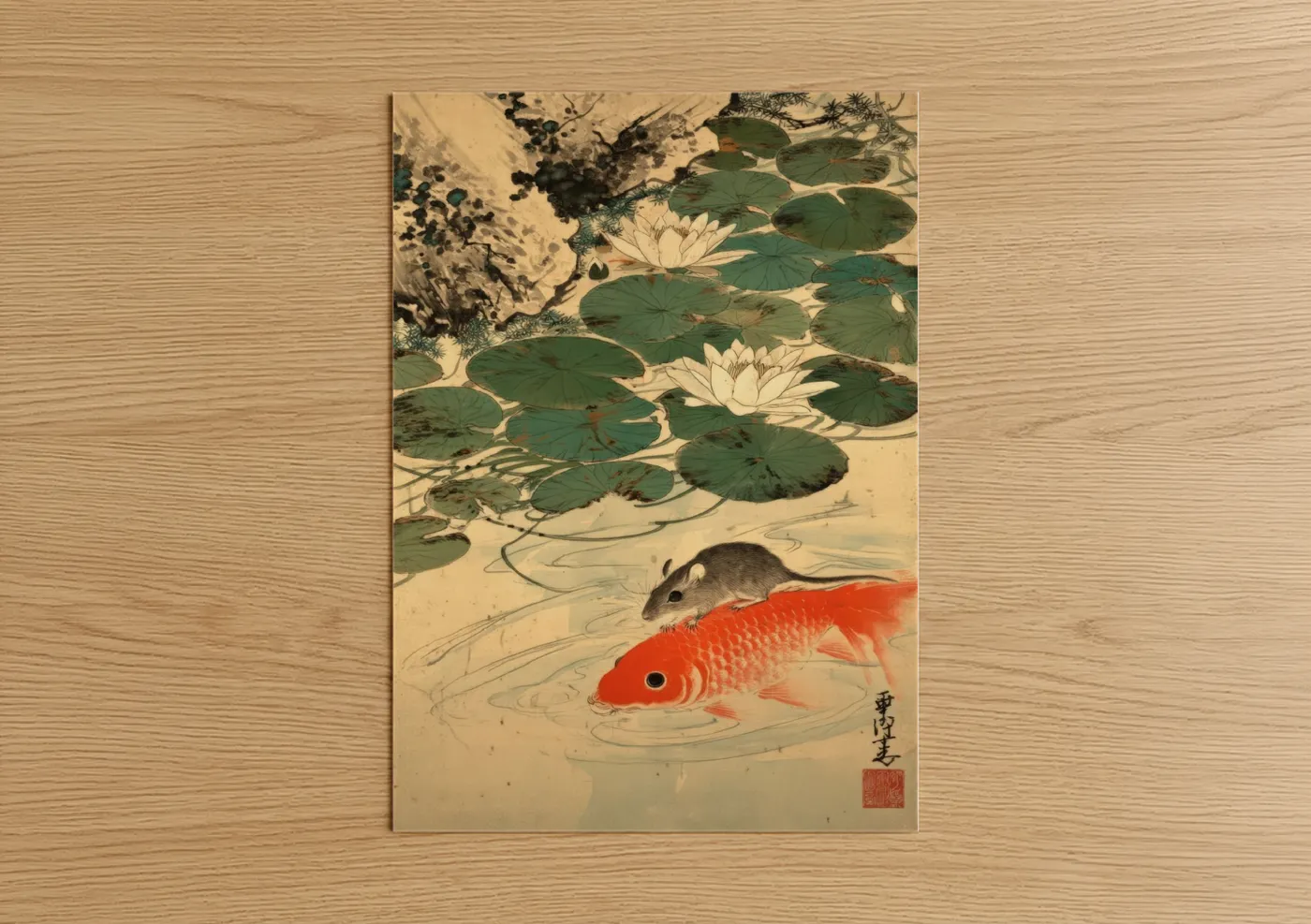 Koi Pond Gerbil Japanese Woodblock Wall Art
