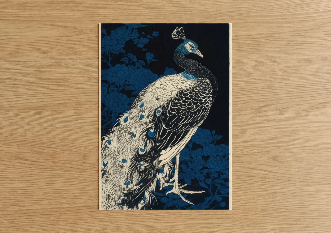 Art print on warm oak wood — blue and black and white palette — Regal Peacock poster