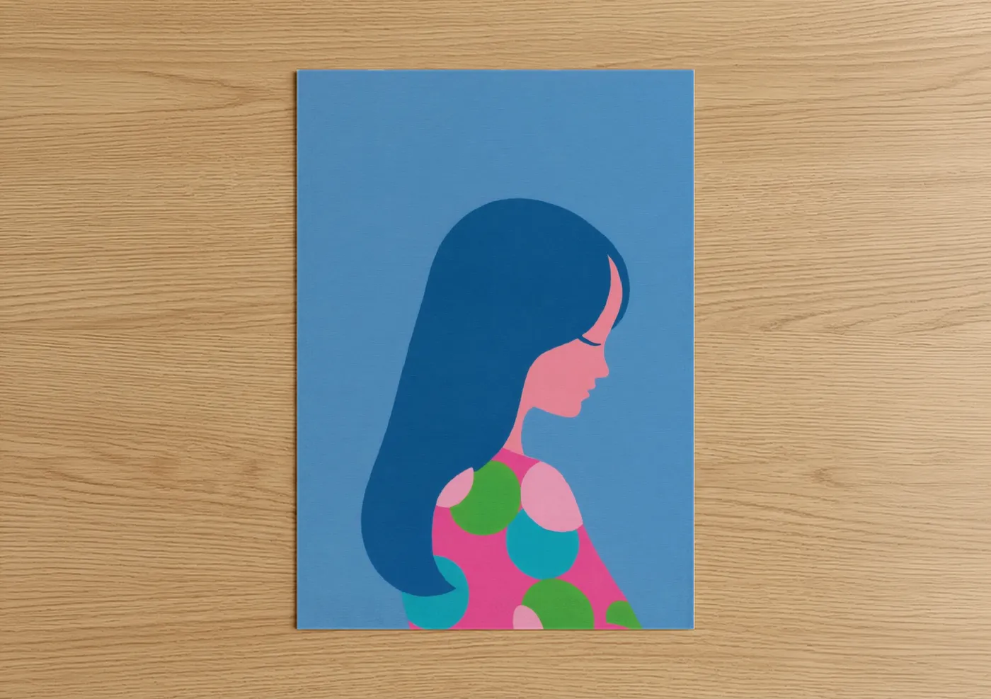 Fashion illustration art print on warm oak wood — blue and magenta palette — Colorful Woman Profile poster