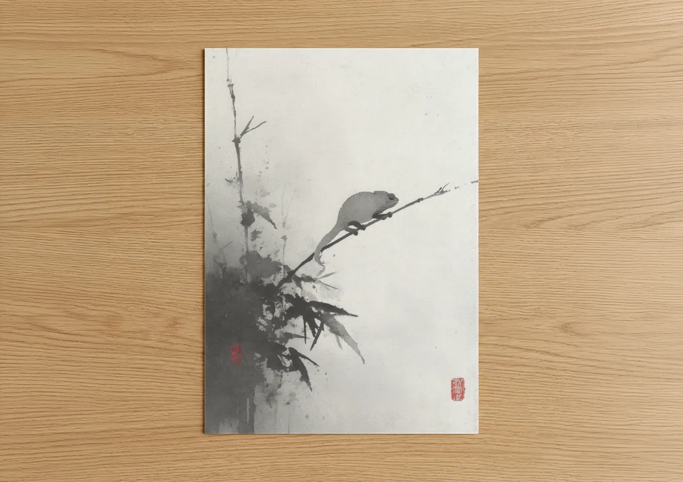 Chameleon on Bamboo Branch Ink Wall Art