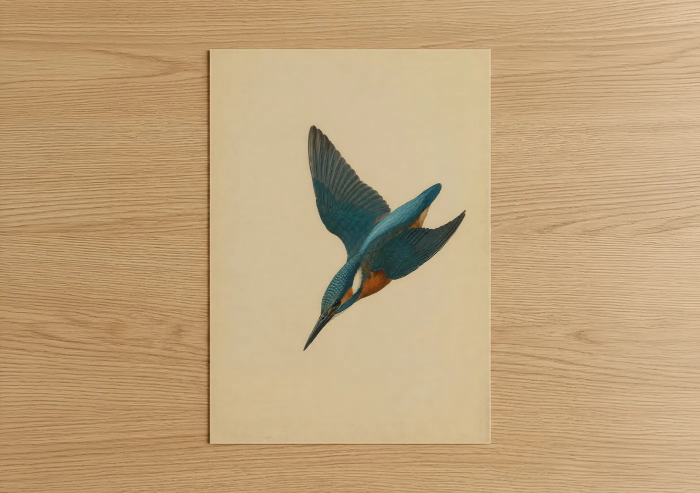 Birds art print on warm oak wood — blue and beige palette — Diving Kingfisher Bird Wall Art poster