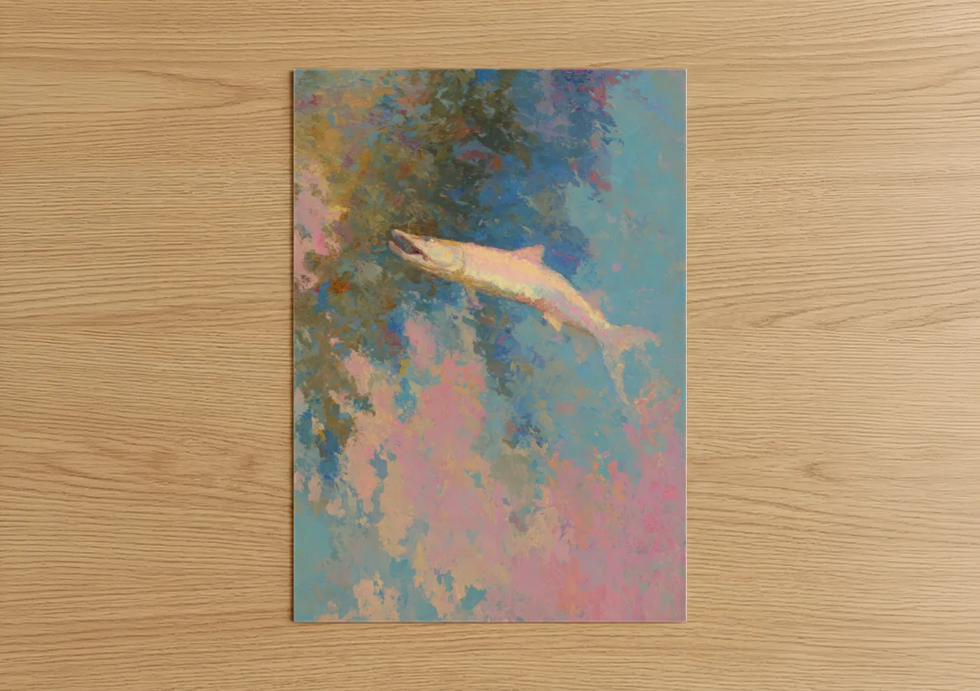 Art print on warm oak wood — blue and gold palette — Golden Tarpon poster