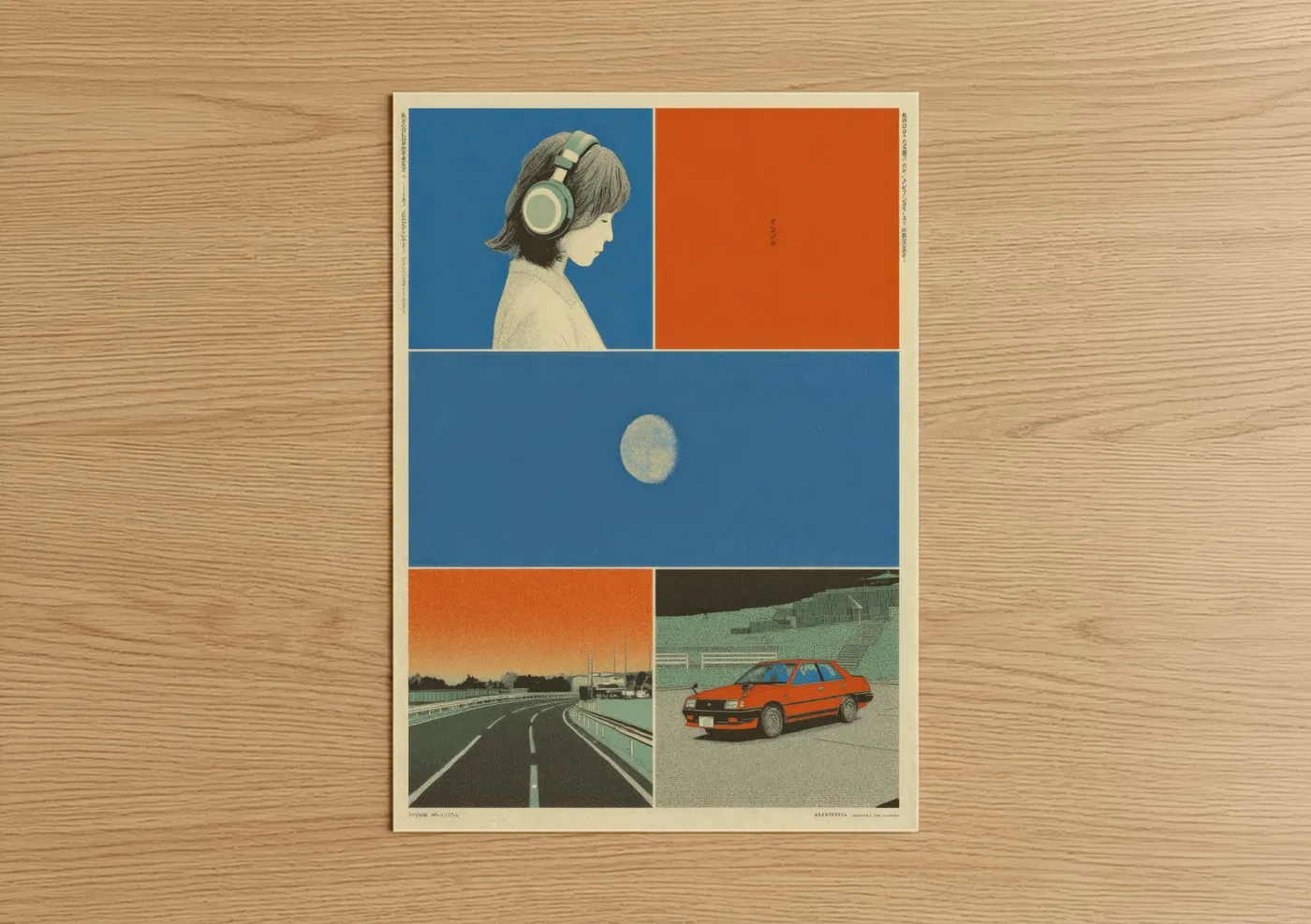 Japanese y2k art print on warm oak wood — blue and orange palette — Y2K Nostalgia Grid poster