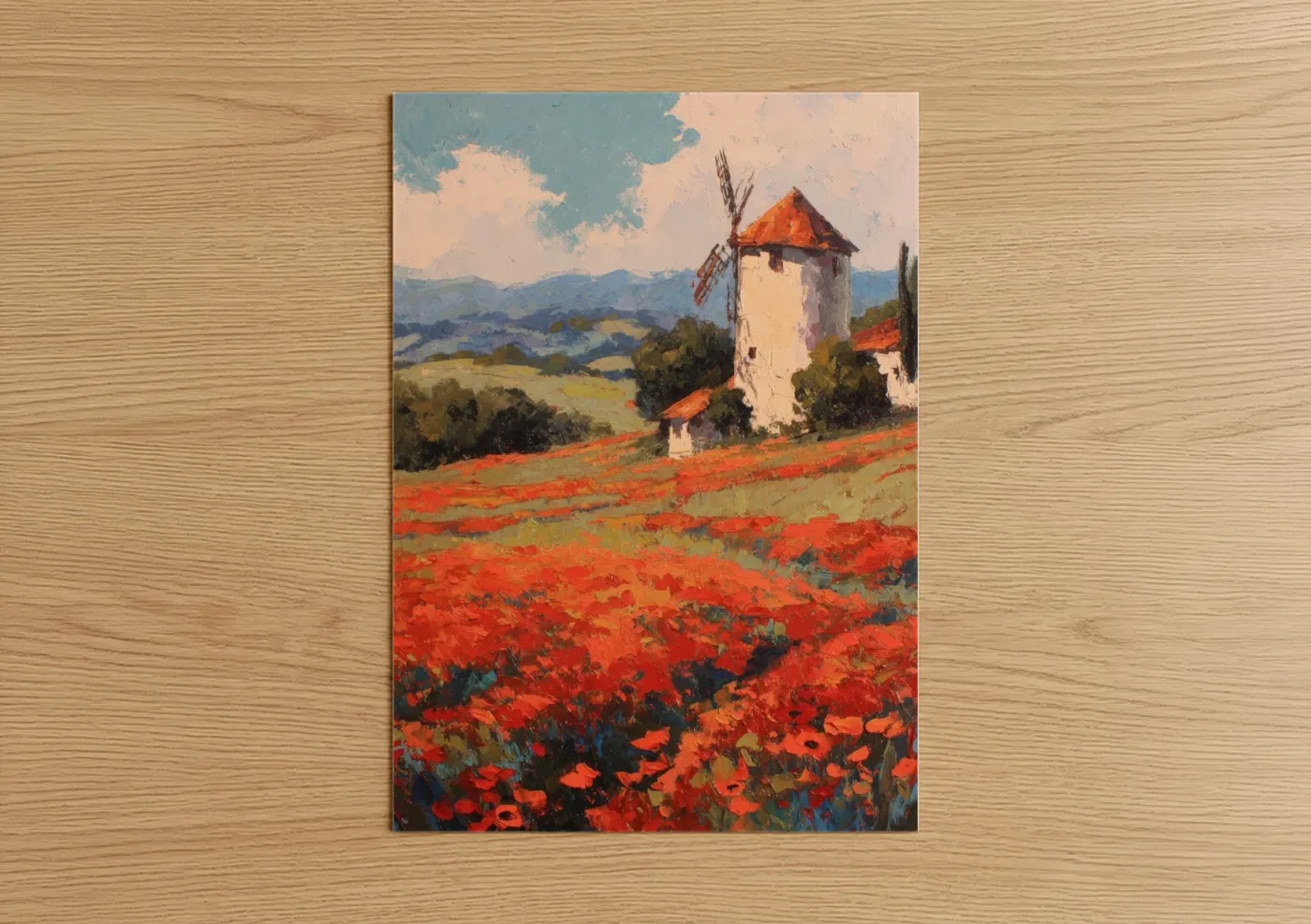 Red Poppy Field Windmill Landscape Wall Art