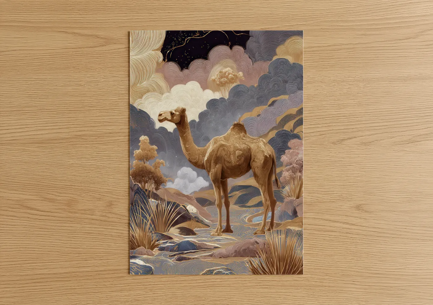 Golden Desert Camel Illustration Wall Art