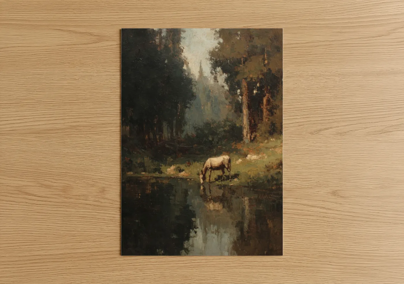 Art print on warm oak wood — brown and gray palette — Riverside Mule poster