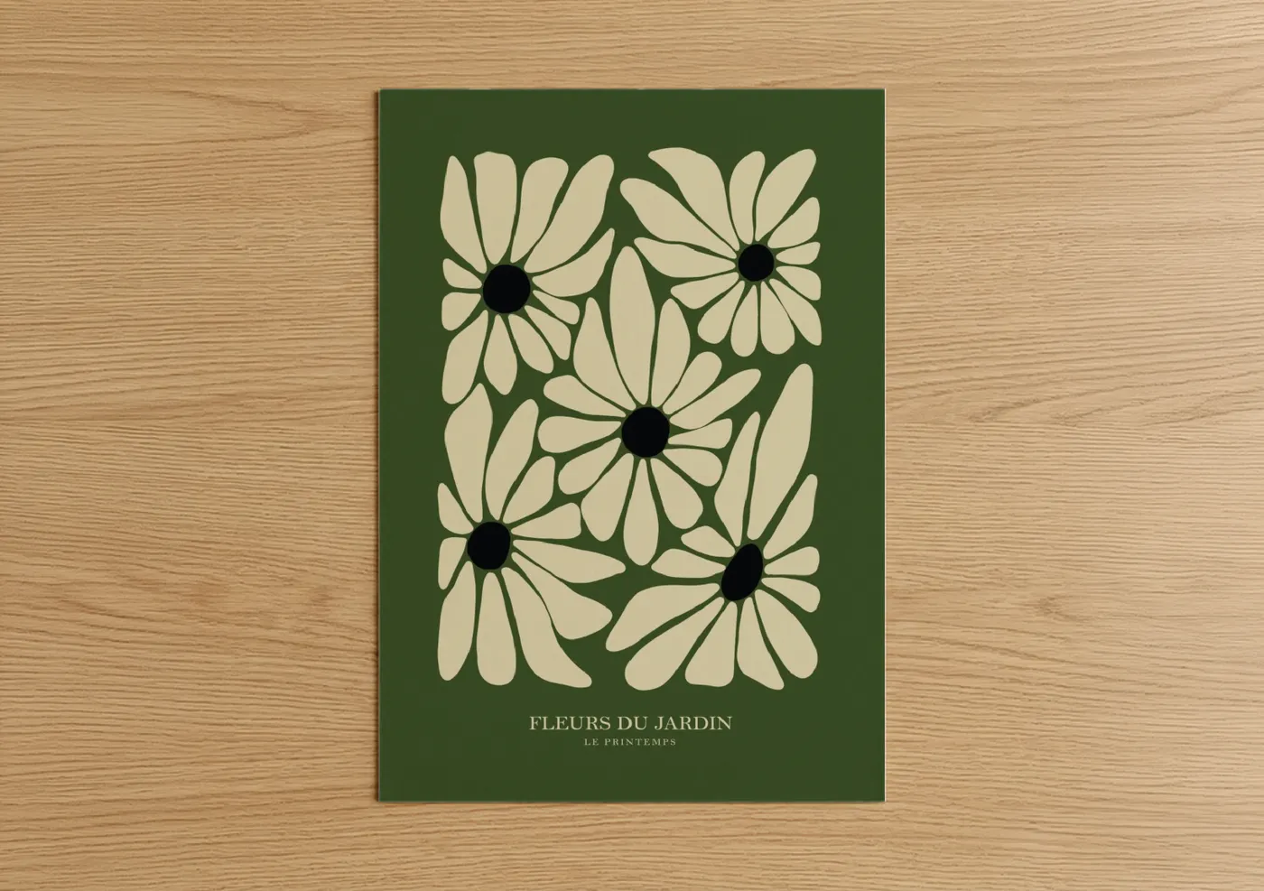 Abstract flower art print on warm oak wood — cream and dark green palette — Cream Daisies poster