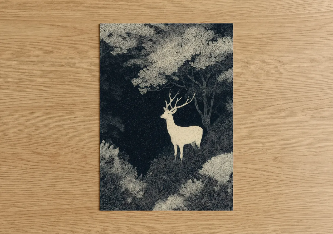 Fairytale art print on warm oak wood — black and white and cream palette — Enchanted Stag poster