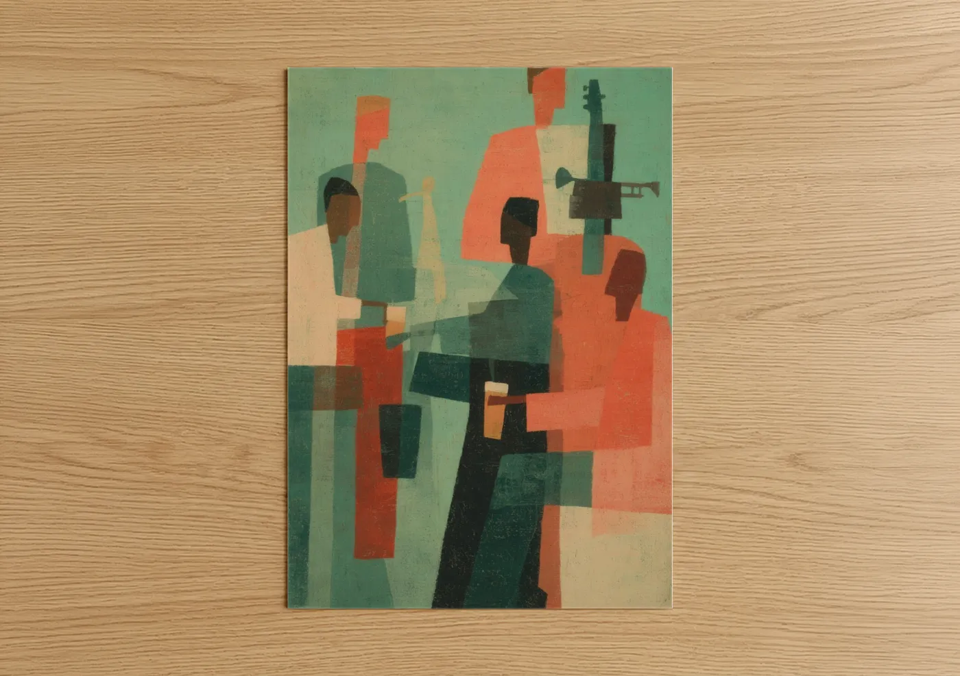 Art print on warm oak wood — sage green and orange palette — Jazz Ensemble poster