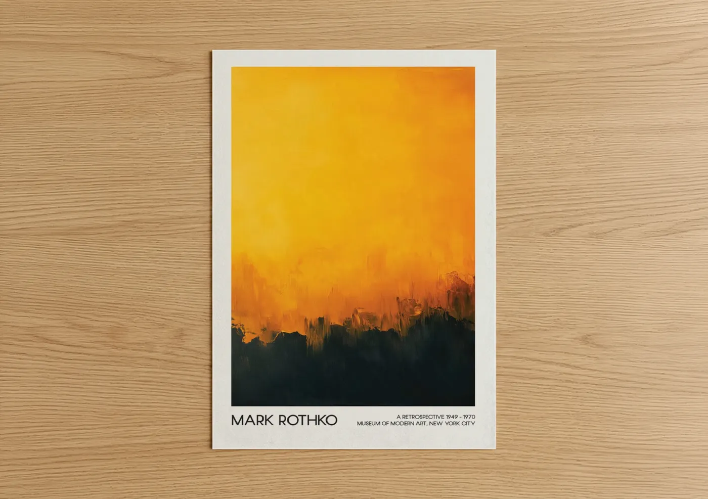 Abstract classic art print on warm oak wood — yellow gold and black palette — Golden Horizon poster