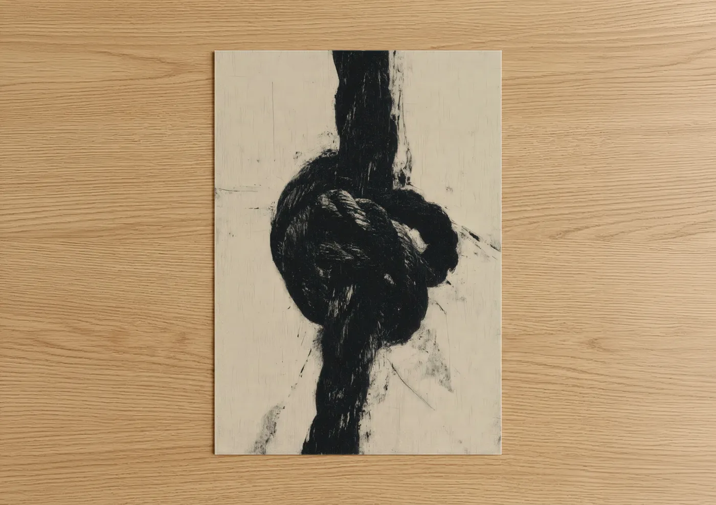 Rope knots art print on warm oak wood — black and white and cream palette — Vintage Rope Knot poster