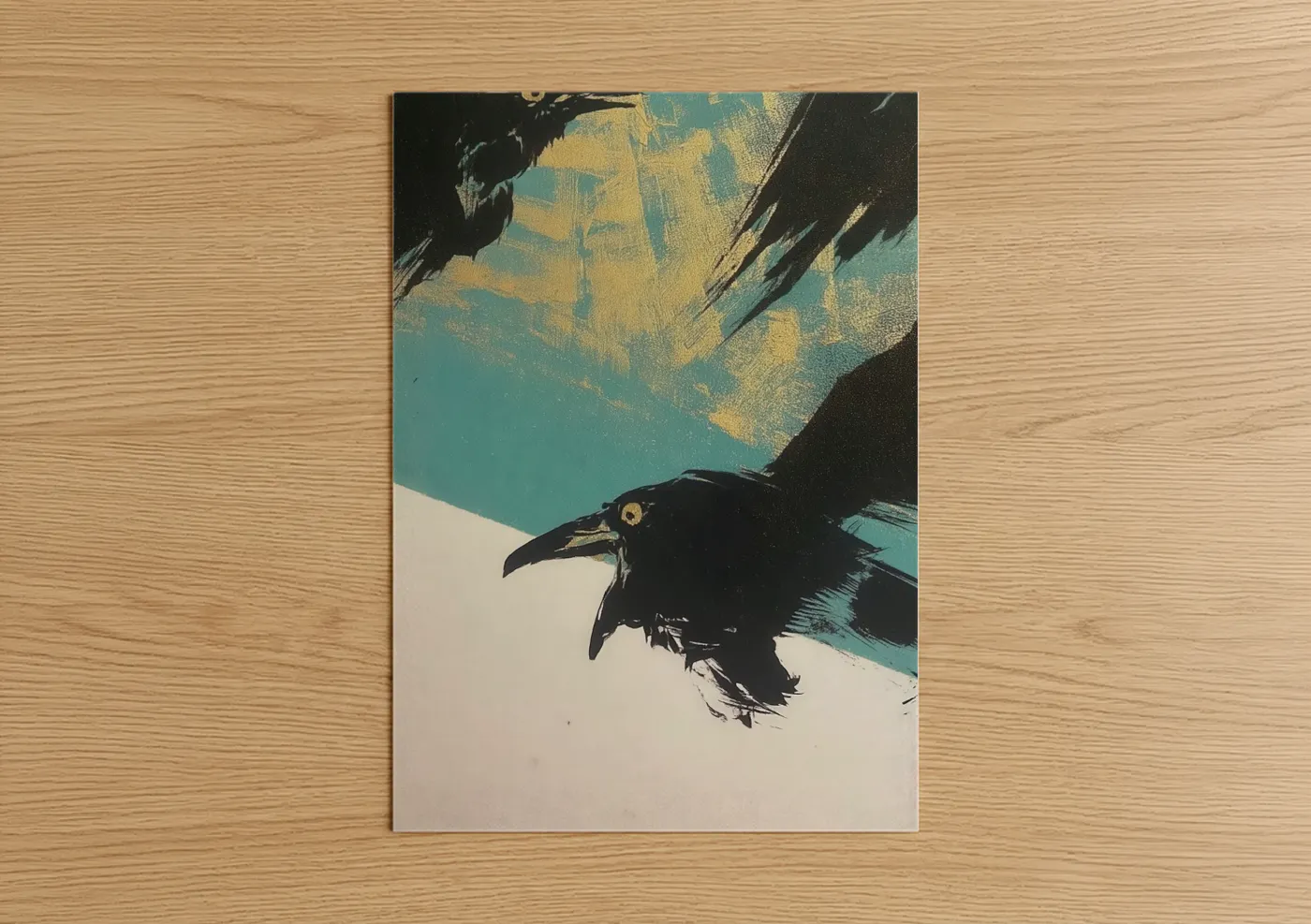 Crows and ravens art print on warm oak wood — teal and yellow gold palette — Golden Raven Abstract poster