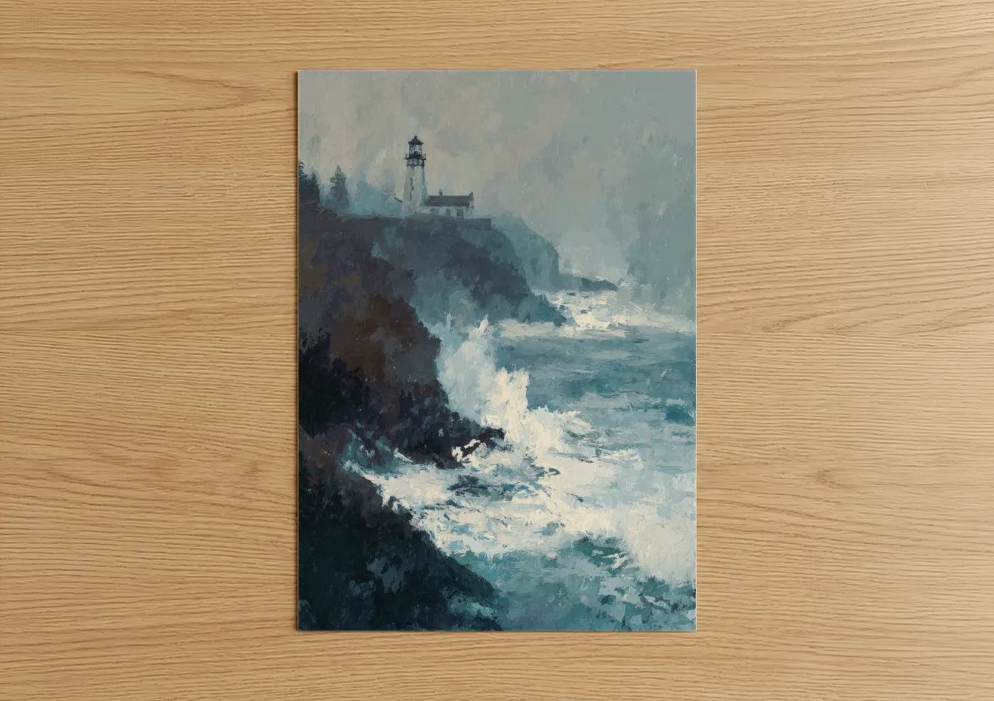 Art print on warm oak wood — blue and gray and white palette — Misty Lighthouse Cliff poster