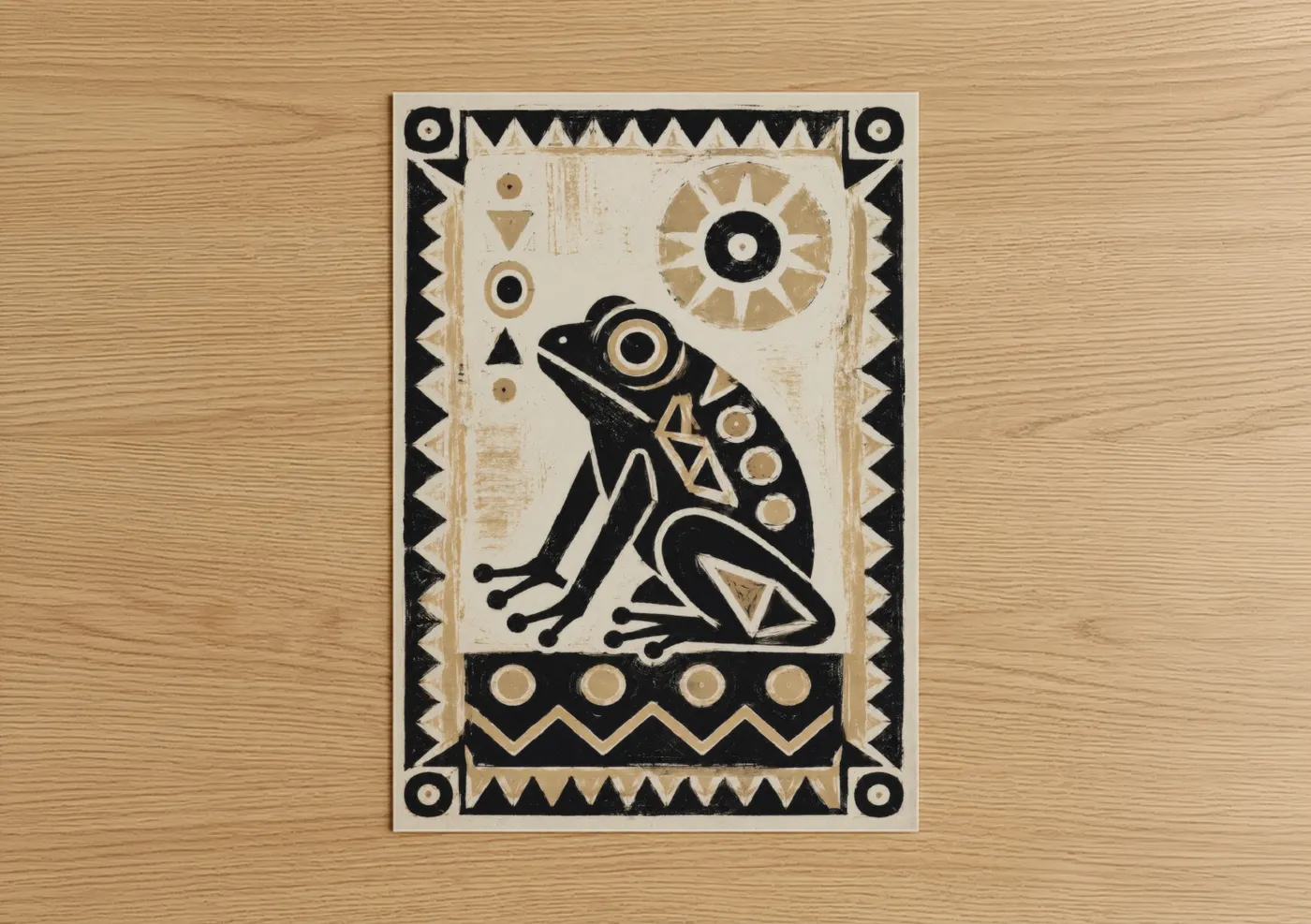 Frogs and toads art print on warm oak wood — black and white and champagne gold palette — Geometric Frog Tribal Wall Art poster