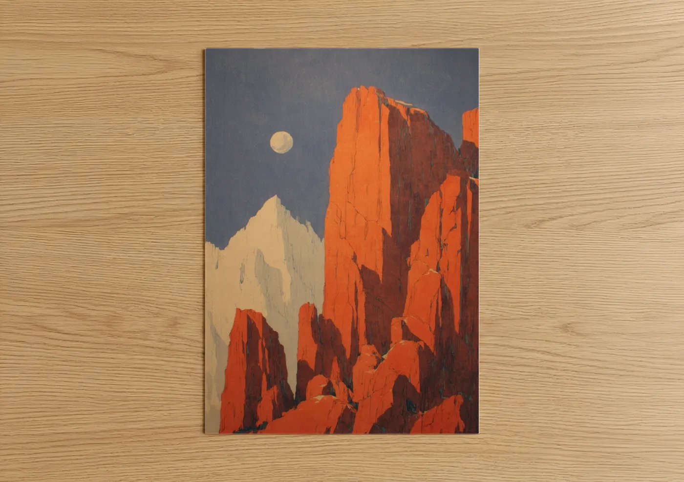Art print on warm oak wood — orange and blue palette — Crimson Moon Cliffs poster