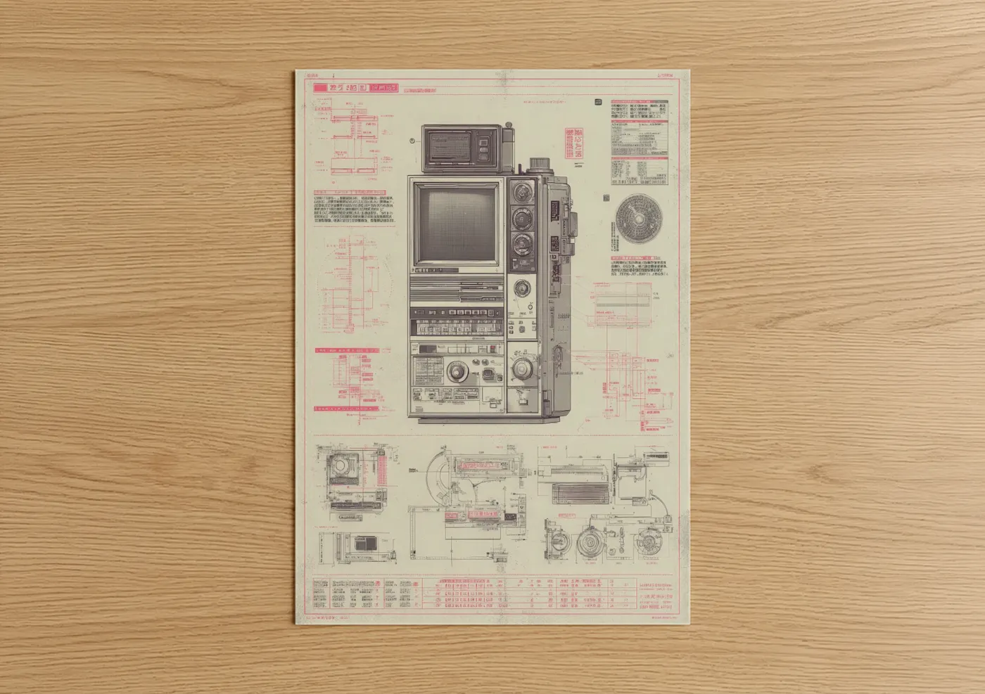 Vintage japanese ads art print on warm oak wood — black and white and rose gold palette — Vintage Japanese Electronics Schematic poster