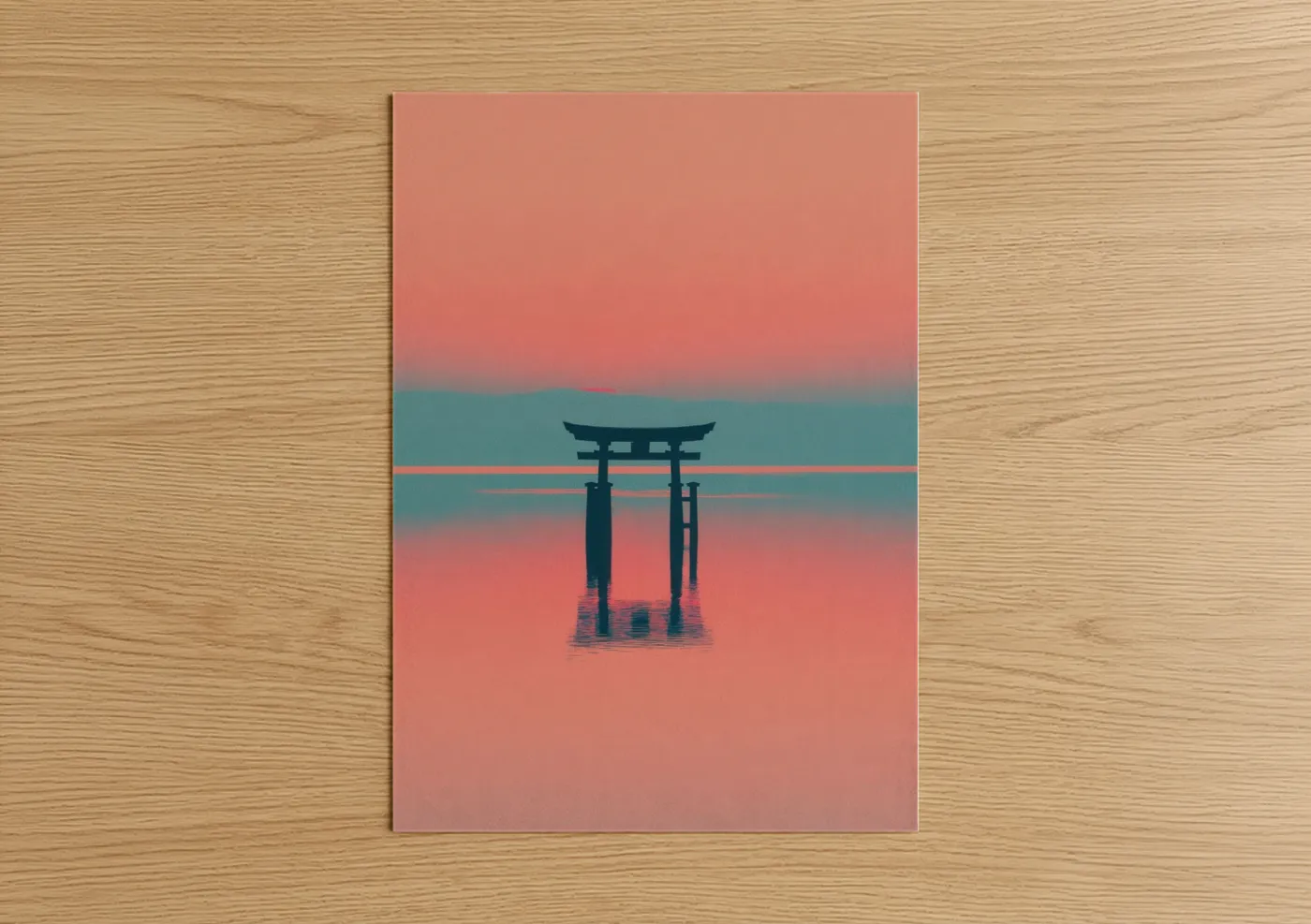 Art print on warm oak wood — salmon pink and teal palette — Crimson Torii Gate poster